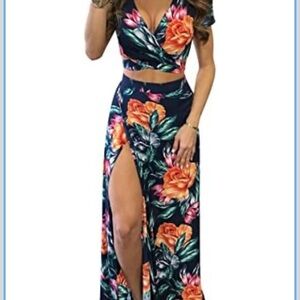 Womens Sz L 2 Piece Deep V Cut Wrap Top With Maxi Skirt High Slit Resort Beach